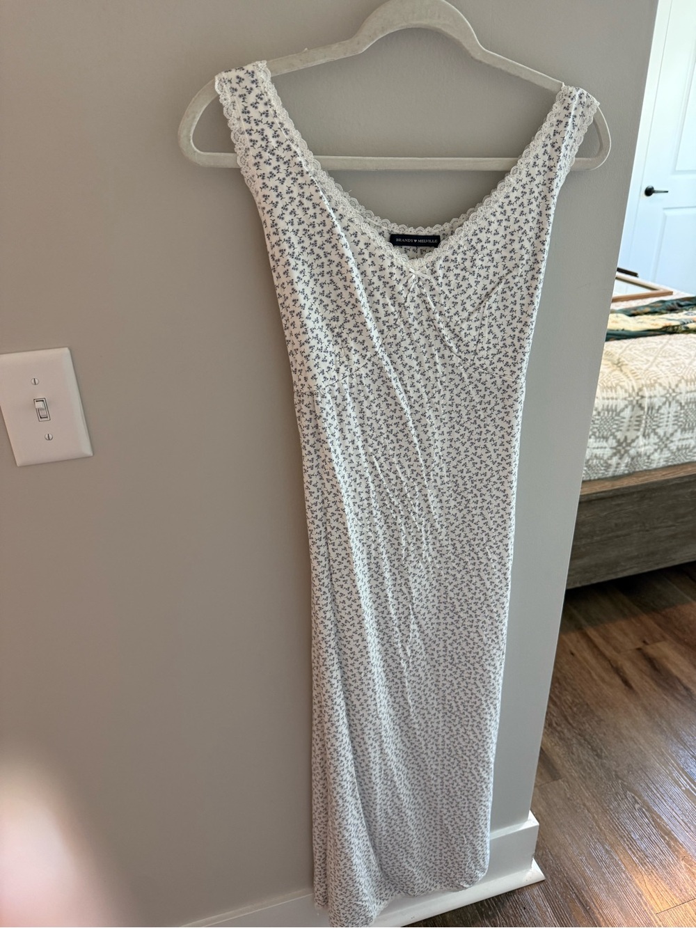 Brandy Melville White Maxi Dress with Tiny Blue Floral Print